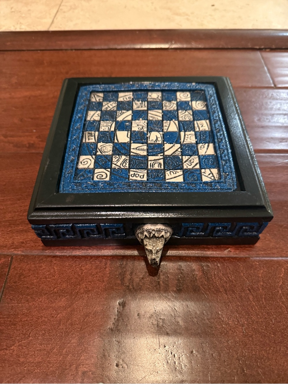 Vintage Miniature Aztec Chess Set Board  Game Board Pieces  7.5” White Blue